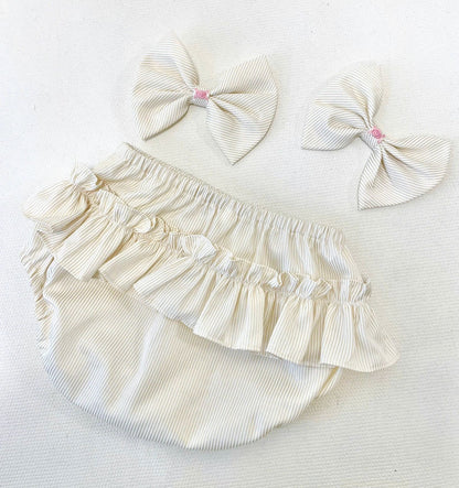 PRE-ORDER&GET NEXT WEEK❣️MYLA CREAM🍦PINSTRIPES HAND-SMOCKED🧵🪡DRESS,PANTIES & HAIR ACCESSORIES🎀