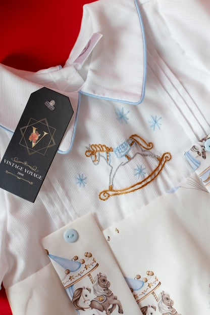 NEW🤩CAROUSEL🎠HAND-EMBROIDERED🧵🪡BABY BOYS🩵ROMPER & BIB SET🧚