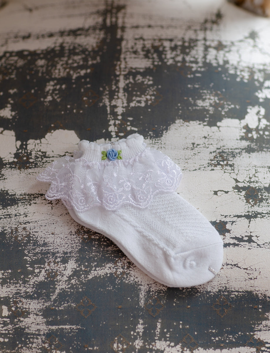 Baby Girls Hand-Embroidered White & Blue Lace Cotton Socks