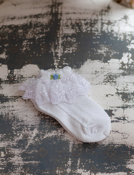 Baby Girls Hand-Embroidered White & Blue Lace Cotton Socks