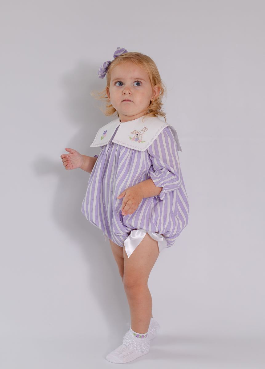 VIVI LILAC STRIPED HAND-EMBROIDERED🧵🪡BABY ROMPER, BIB & HAIR ACCESSORIES🎀
