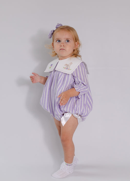 VIVI LILAC STRIPED HAND-EMBROIDERED🧵🪡BABY ROMPER, BIB & HAIR ACCESSORIES🎀