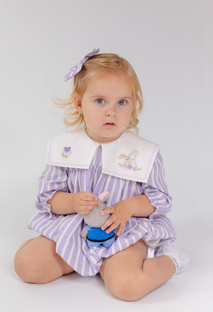 VIVI LILAC STRIPED HAND-EMBROIDERED🧵🪡BABY ROMPER, BIB & HAIR ACCESSORIES🎀