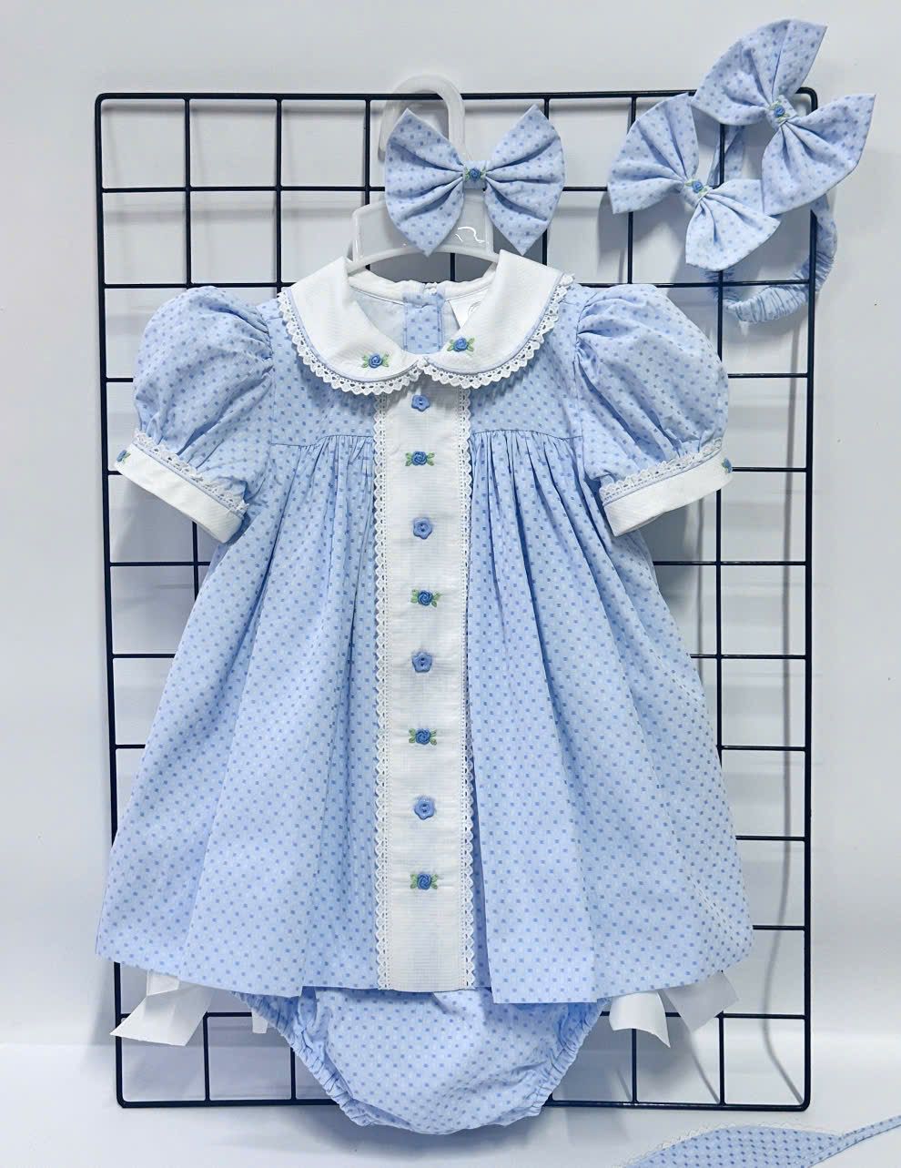 PRE-ORDER NOW & GET IT NEXT WEEK‼️NEW SEASON🍁AUGUSTA BLUE🌸HAND-EMBROODERED🧵🪡DAY DRESS BLOOMERS & HAIR ACCESSORIES🎀🎀