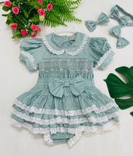 Load image into Gallery viewer, &quot;VIENNA&quot; TEAL 2 Piece Baby Girls Hand-Smocked Skirt Set &amp; Bows Outfit
