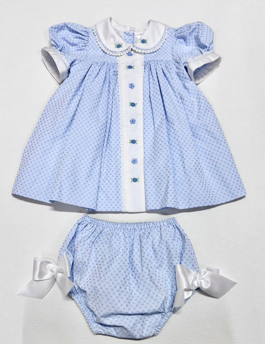 PRE-ORDER NOW & GET IT NEXT WEEK‼️NEW SEASON🍁AUGUSTA BLUE🌸HAND-EMBROODERED🧵🪡DAY DRESS BLOOMERS & HAIR ACCESSORIES🎀🎀