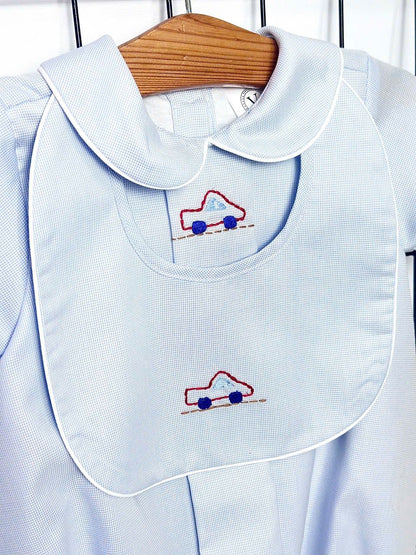 PRE-ORDER! NEW! MICHAEL BABY BOYS PALE BLUE HAND-EMBROIDERED ROMPER & BIB SET Baby & Toddler Outfits
