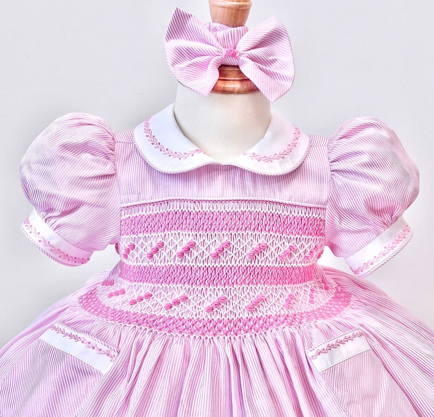 PRE-ORDER❣️NEW! MYLA PINK💞💞PINSTRIPES STRIPES HAND-SMOCKED🧵🪡DRESS,PANTIES & HAIR ACCESSORIES🎀
