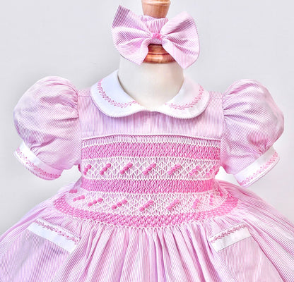 PRE-ORDER❣️NEW! MYLA PINK💞💞PINSTRIPES STRIPES HAND-SMOCKED🧵🪡DRESS,PANTIES & HAIR ACCESSORIES🎀
