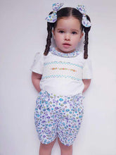 Load image into Gallery viewer, &quot;ELSA&quot; Hand- Smocked Shell Printed Shorts Set + Bows. SALE SALE SALE
