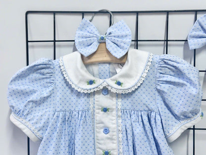 PRE-ORDER NOW & GET IT NEXT WEEK‼️NEW SEASON🍁AUGUSTA BLUE🌸HAND-EMBROODERED🧵🪡DAY DRESS BLOOMERS & HAIR ACCESSORIES🎀🎀