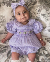 Load image into Gallery viewer, NEW SEASON &quot;COCO&quot; LILAC Hand-Smocked Cotton Romper &amp; Hair Accessories
