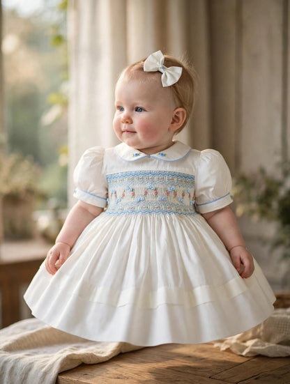NEW SEASON🎄🍁SCARLETT WHITE & BLUE🩵HAND-SMOCKED🧵🪡👑DRESS & ACCESSORIES🎀❄️