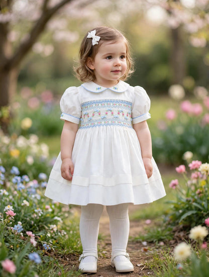 NEW SEASON🎄🍁SCARLETT WHITE & BLUE🩵HAND-SMOCKED🧵🪡👑DRESS & ACCESSORIES🎀❄️