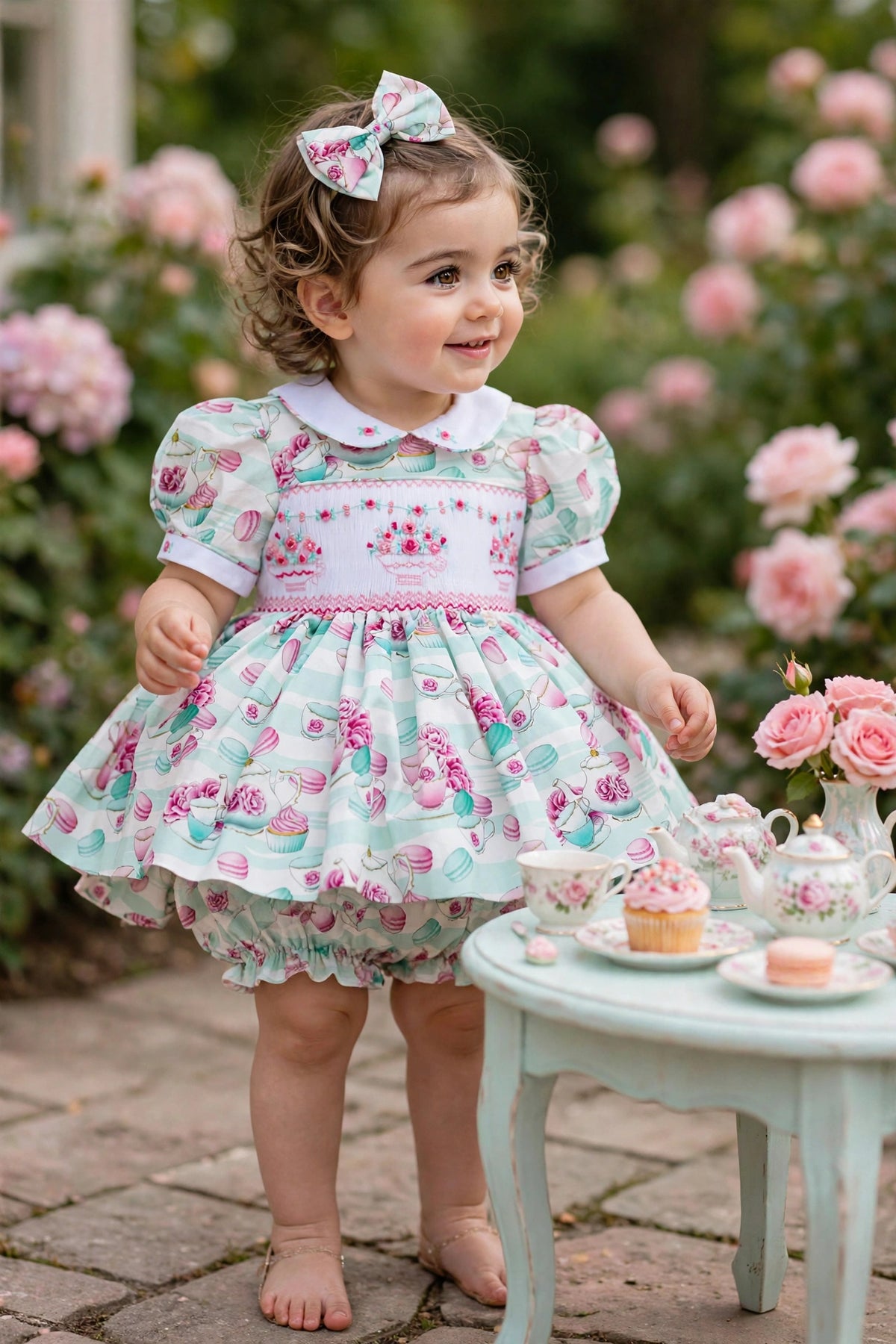 NEW💕PARTY🥳🎉HAND-SMOCKED🧵🪡PEARLS DETAILS DRESS & ACCESSORIES🎀