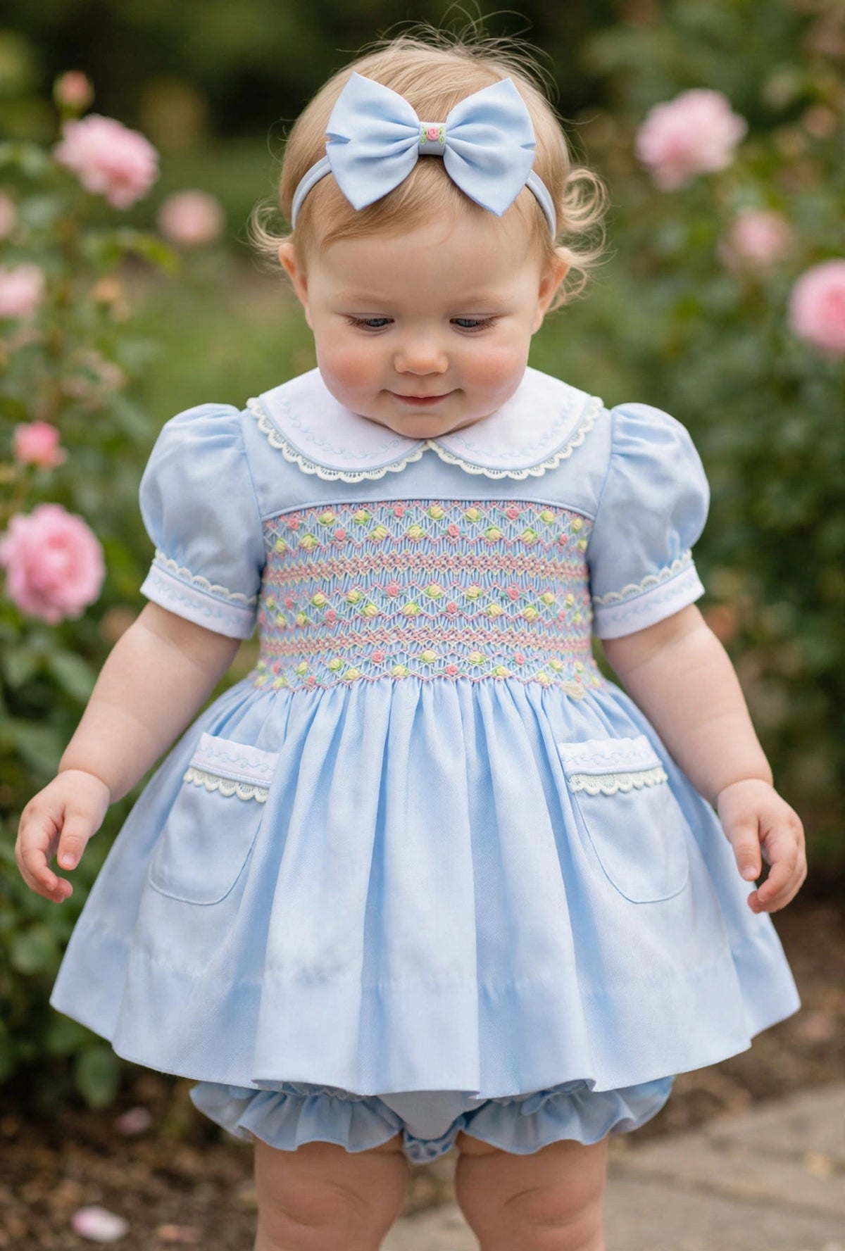 🍁ISABELLA BABY BLUE❄️HAND-SMOCKED🧵🪡👑DRESS & ACCESSORIES🎀