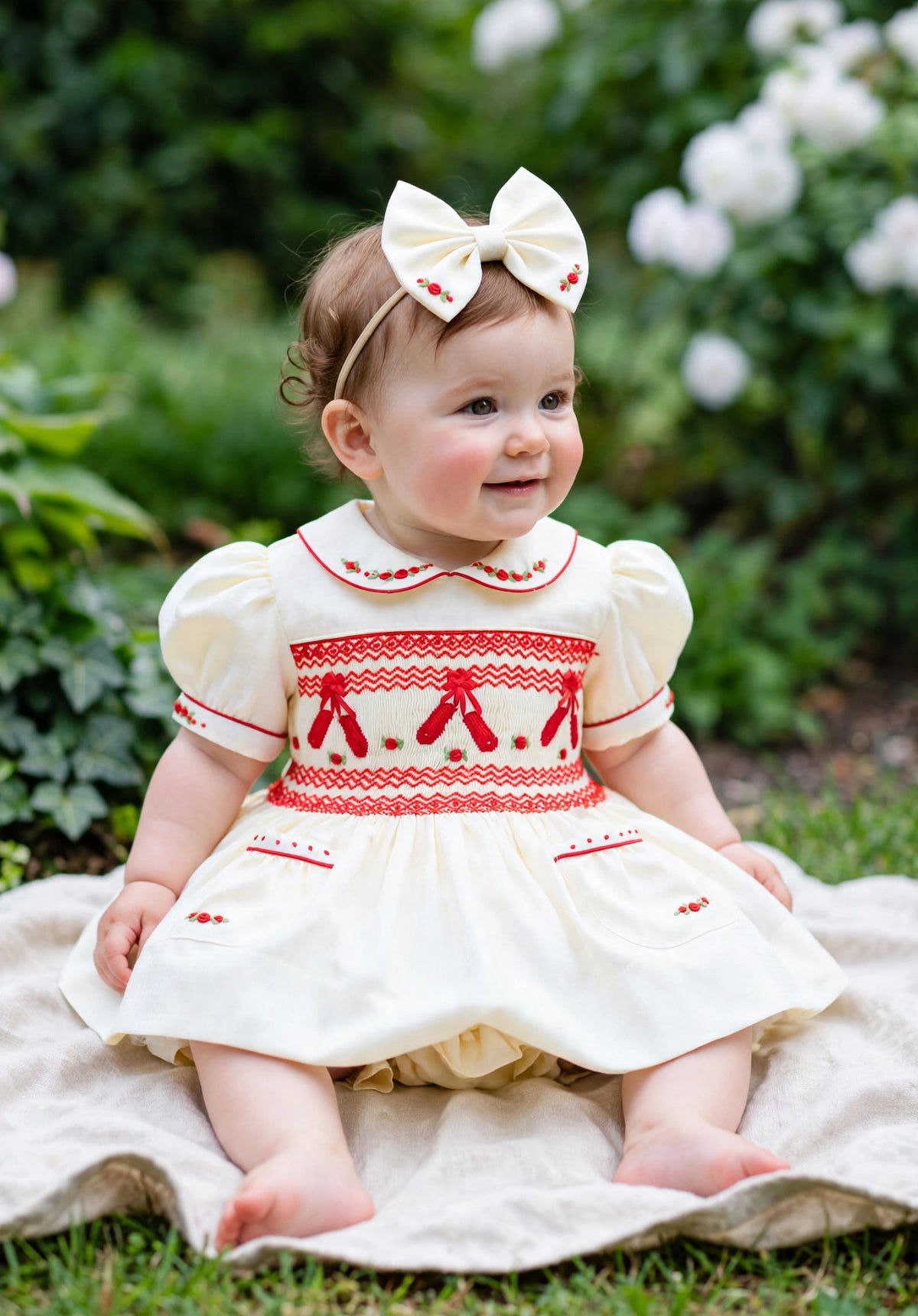 LINA BALLERINA🩰CREAM & RED🎄 HAND-SMOCKED🧵🪡DRESS & ACCESSORIES🎀