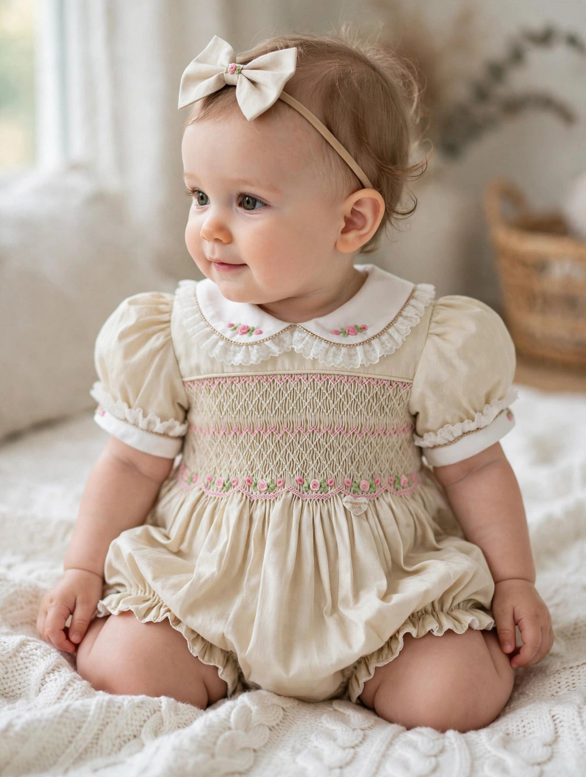 NEW😍MAGGIE👑BABY GIRLS CREAM🍦HAND-SMOCKED ROMPER & ACCESSORIES🎀
