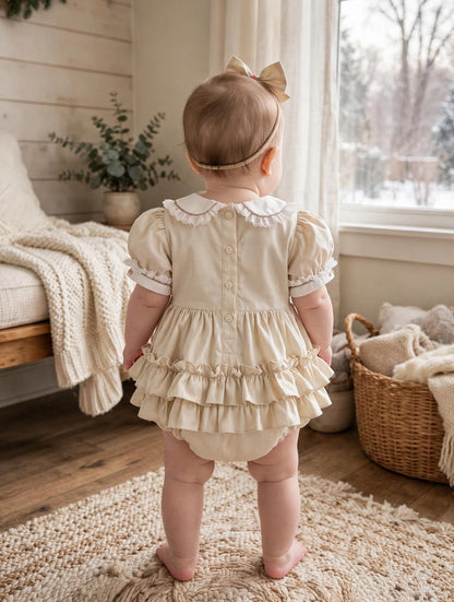 NEW😍MAGGIE👑BABY GIRLS CREAM🍦HAND-SMOCKED ROMPER & ACCESSORIES🎀
