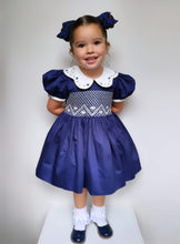 Load image into Gallery viewer, &quot;NANCY&quot; NAVY BLUE Hand-Smocked Dress &amp; Two Bows ONE LEFT
