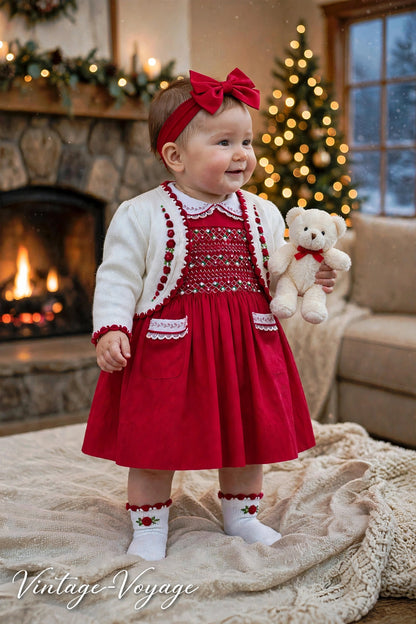 NEW SEASON🍁🎄OLIVIA RED🧑‍🎄❤️COTTON HAND-EMBROIDERED🧵🪡CARDIGAN, SOCKS & HAIR ACCESSORIES🎀