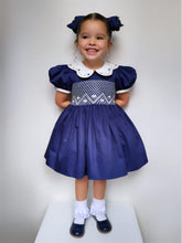 Load image into Gallery viewer, &quot;NANCY&quot; NAVY BLUE Hand-Smocked Dress &amp; Two Bows ONE LEFT
