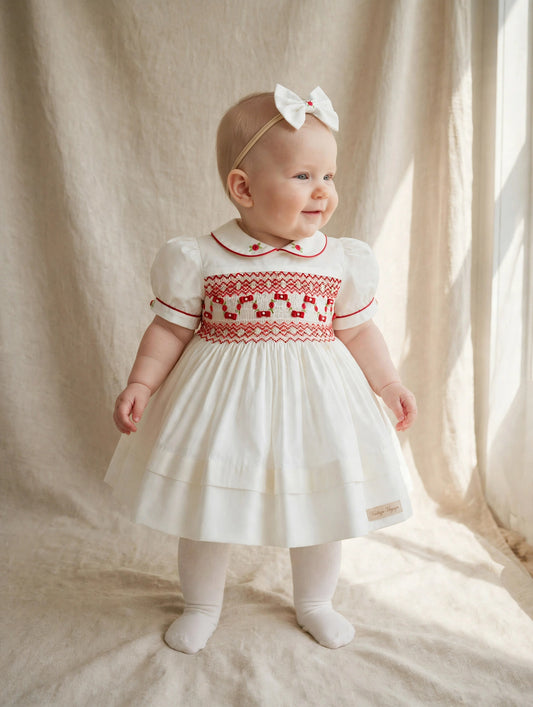 NEW SEASON🎄🧑‍🎄SCARLETT WHITE &  RED❤️HAND-SMOCKED🧵🪡👑DRESS & ACCESSORIES🎀❄️