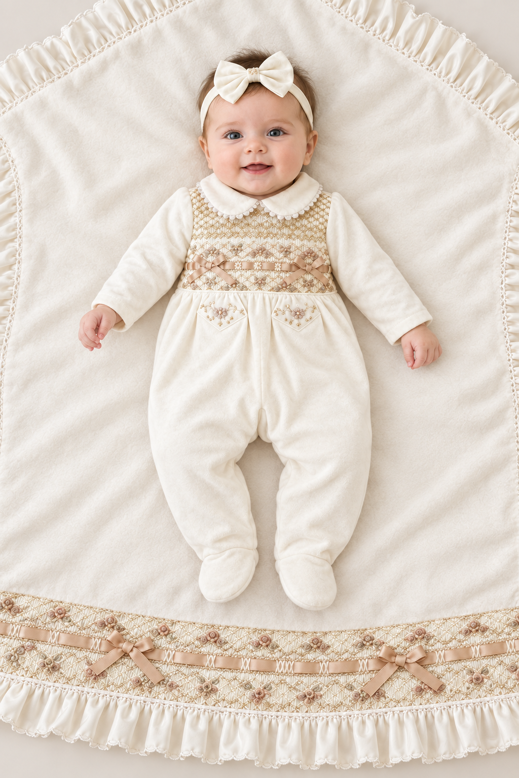 PRE-ORDER & GET IT SOON‼️NEW🧁BELLA FULLY HAND-SMOCKED🧵🪡👑SLEEPSUIT & BABY HEADBAND SET🎀👼
