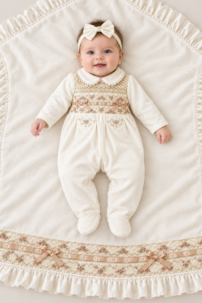 PRE-ORDER & GET IT SOON‼️NEW🧁BELLA FULLY HAND-SMOCKED🧵🪡👑SLEEPSUIT & BABY HEADBAND SET🎀👼