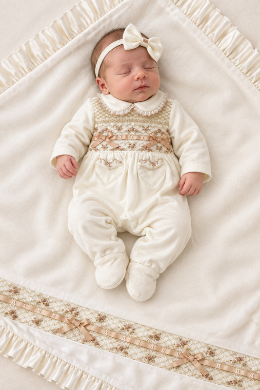 PRE-ORDER & GET IT SOON‼️NEW🧁BELLA FULLY HAND-SMOCKED🧵🪡👑SLEEPSUIT & BABY HEADBAND SET🎀👼