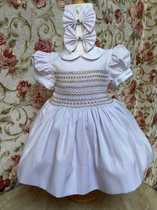LILY PASTEL LILAC💜FRONT & BACK HAND-SMOCKED🧵🪡DRESS PANTIES & BOWS🎀 Baby & Toddler Dresses