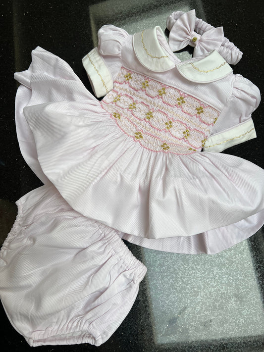 FREYA PASTEL PINK🌸FRONT & BACK HAND-SMOCKED🧵🪡DRESS PANTIES & BOWS🎀 Baby & Toddler Dresses