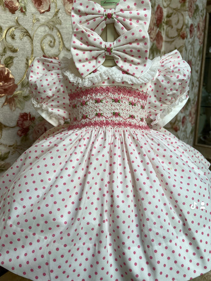 CHARMANTE 💗Pink Polka Hand-Smocked Dress, Panties, Bib & Hair Accessories🎀🎀