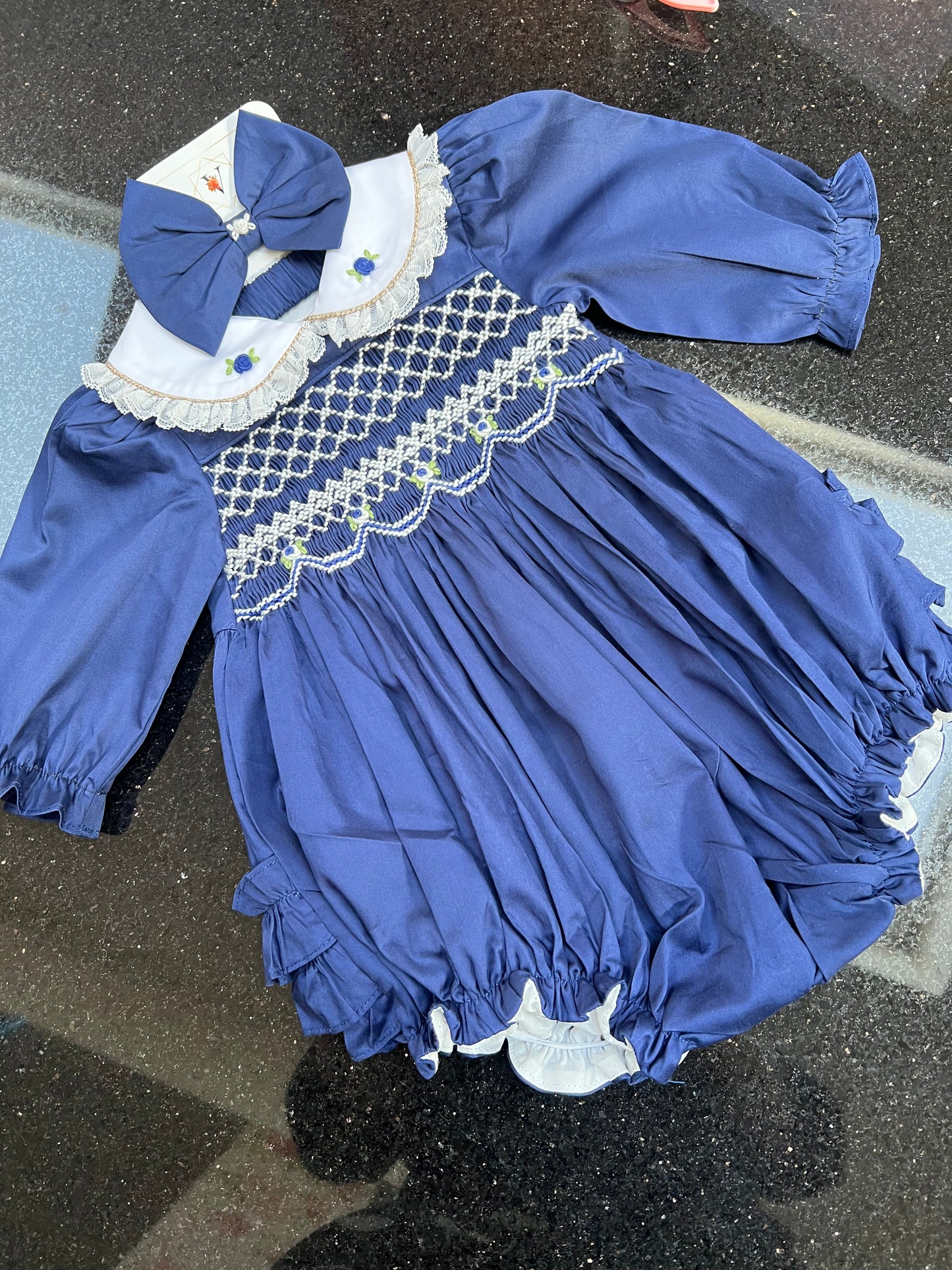 NEW🤩BECKY NAVY BLUE💙HAND-SMOCKED🧵🪡ROMPER/SUIT & HAIR ACCESSORIES🎀