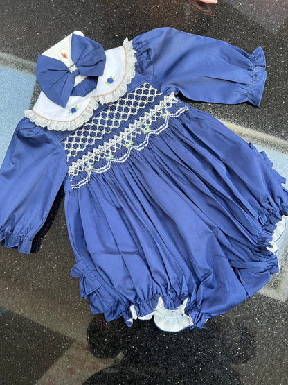 NEW🤩BECKY NAVY BLUE💙HAND-SMOCKED🧵🪡ROMPER/SUIT & HAIR ACCESSORIES🎀