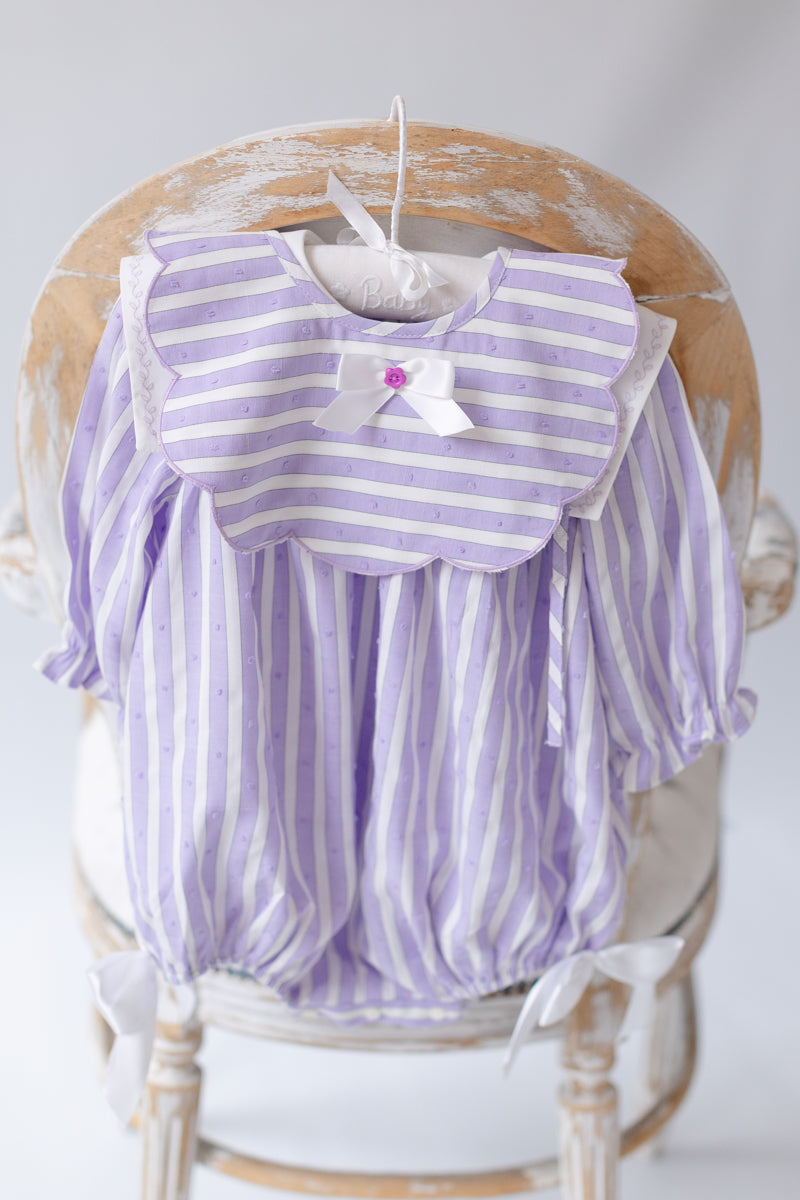 VIVI LILAC STRIPED HAND-EMBROIDERED🧵🪡BABY ROMPER, BIB & HAIR ACCESSORIES🎀