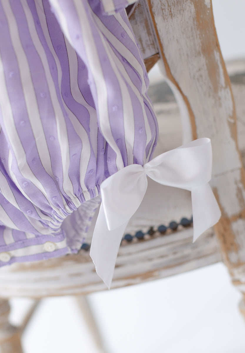 VIVI LILAC STRIPED HAND-EMBROIDERED🧵🪡BABY ROMPER, BIB & HAIR ACCESSORIES🎀