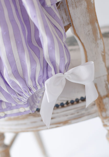VIVI LILAC STRIPED HAND-EMBROIDERED🧵🪡BABY ROMPER, BIB & HAIR ACCESSORIES🎀