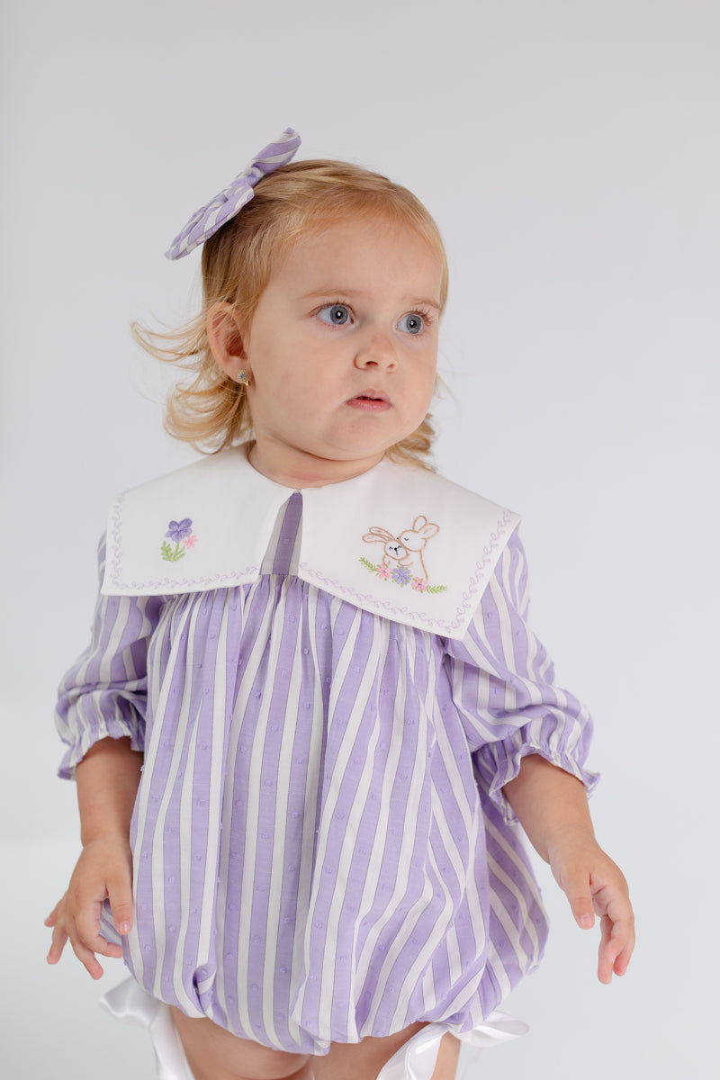 VIVI LILAC STRIPED HAND-EMBROIDERED🧵🪡BABY ROMPER, BIB & HAIR ACCESSORIES🎀