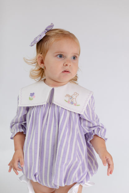 VIVI LILAC STRIPED HAND-EMBROIDERED🧵🪡BABY ROMPER, BIB & HAIR ACCESSORIES🎀