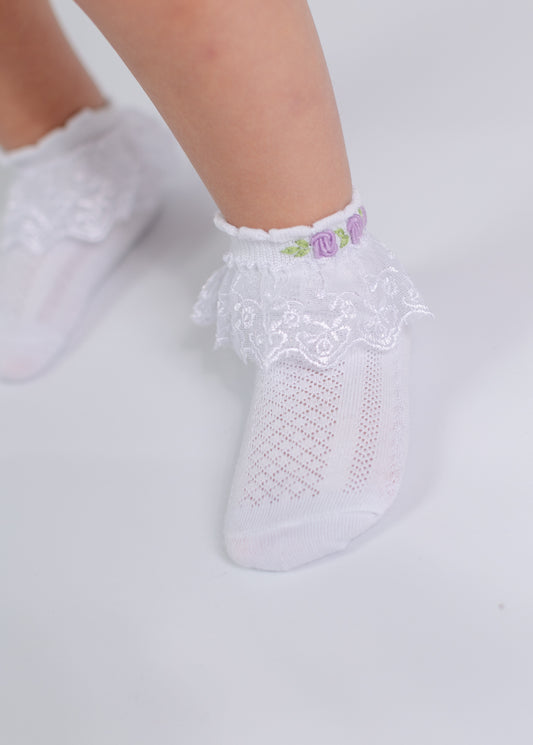NEW💜Baby Girls Hand-Embroidered White & Lilac Lace Cotton Socks