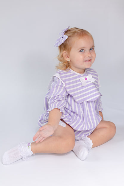 VIVI LILAC STRIPED HAND-EMBROIDERED🧵🪡BABY ROMPER, BIB & HAIR ACCESSORIES🎀