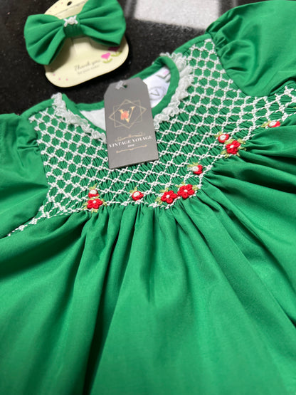 NATALIE GREEN HAND-SMOCKED DRESS & BOWS. WINTER SALE