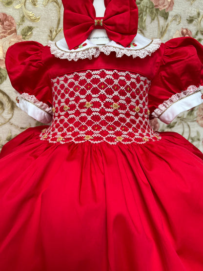 NEW🤩CAROL🎄🤶RED & GOLD HAND-SMOCKED🧵🪡👑DRESS,PANTIES &  HAIR ACCESSORIES🎀