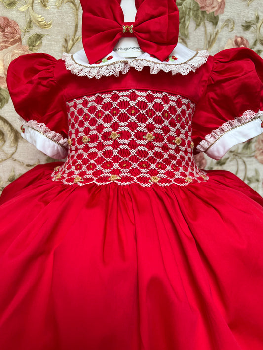 NEW🤩CAROL🎄🤶RED & GOLD HAND-SMOCKED🧵🪡👑DRESS,PANTIES &  HAIR ACCESSORIES🎀