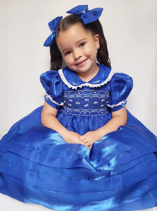 CARMEN LUXURY ROYAL BLUE 💙ORGANZA HAND- SMOCKED 🧵🪡DRESS & BOWS🎀🎀