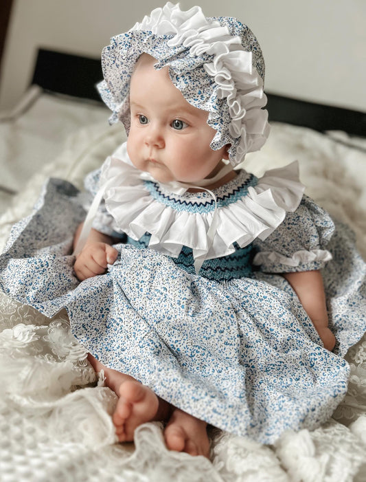 ❣️SHIRLEY BLUE FLORAL🧚Hand-Smocked Dress, Knickers, Bonnet & Headband Or Bows🎀🎀