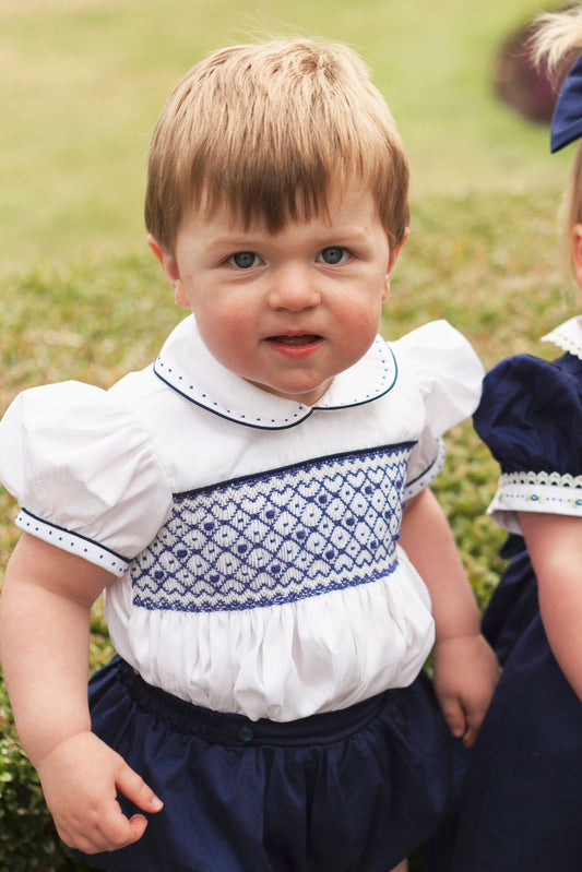 NEW 🎄🤶ALEX NAVY 💙Hand-Smocked Cotton Romper/Suit👼👼