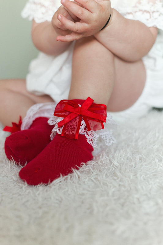 Baby Girls Red  Frilly Lace & Bow Cotton Socks