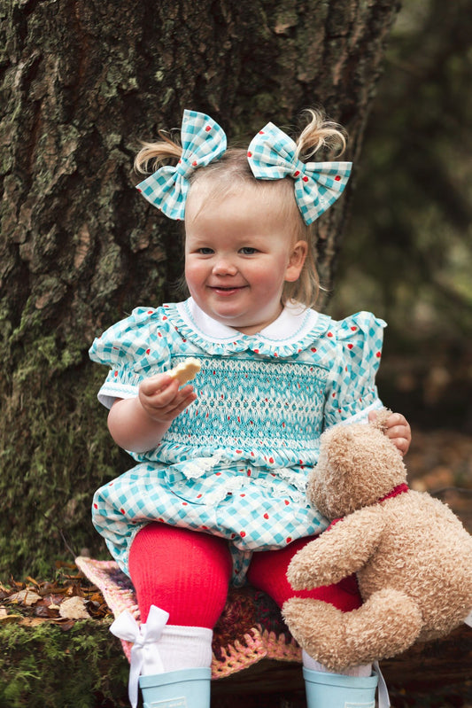 CHLOE 🍓Blue Check Baby Girls Hand-Smocked Outfit & Headband🎀🎀 SALE